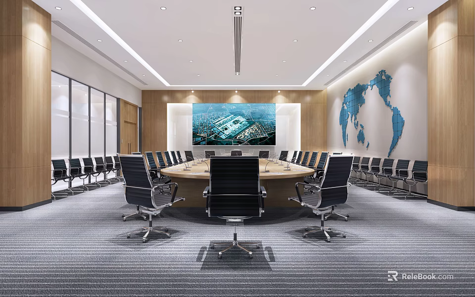 Modern Conference Room Interior Design With Round Table Black Chairs World Map And Large Screen 3d model 