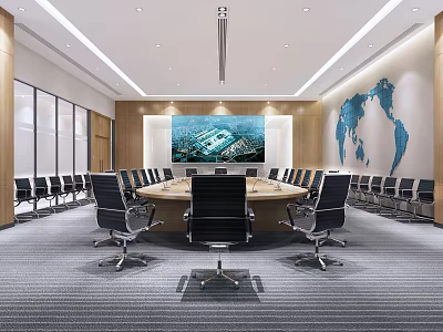 Modern Conference Room Interior Design With Round Table Black Chairs World Map And Large Screen 3d model