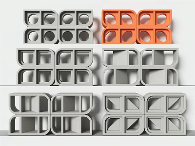 Gray and Orange Architectural Components with Geometric Holes and Modular Design 3d model