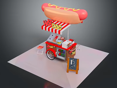 Red Hot Dog Shaped Canopy Cart With Striped Awning Chalkboard Sign And Stool 3d model