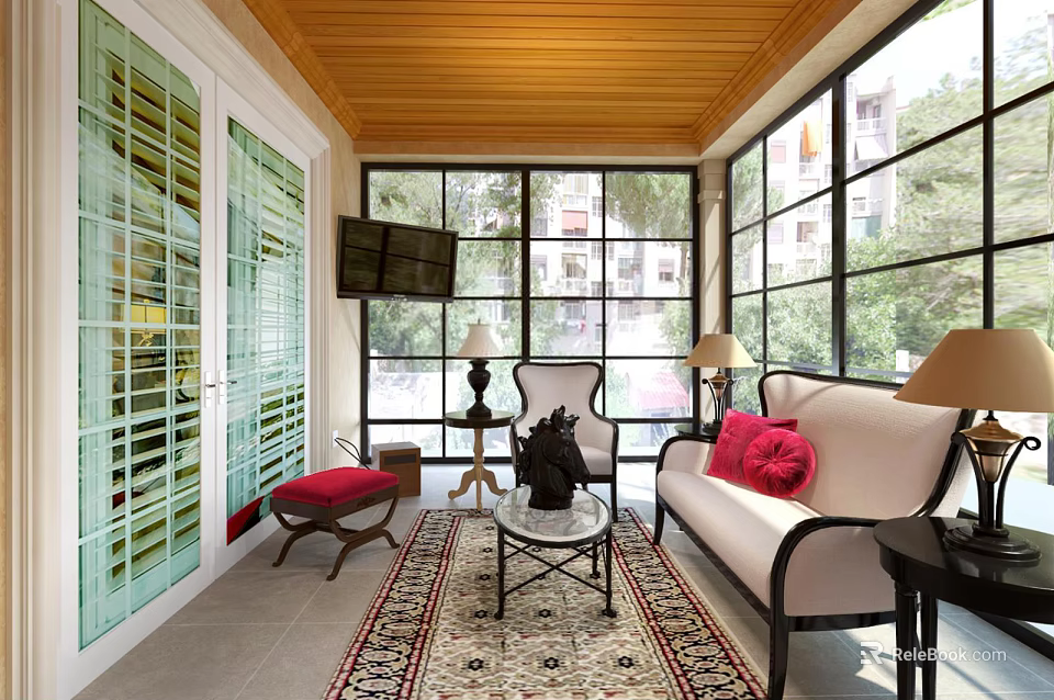 Cozy Outdoor Sofa With Red Cushions Wooden Ceiling Large Windows And Coffee Table 3d model 