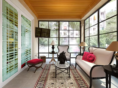 Cozy Outdoor Sofa With Red Cushions Wooden Ceiling Large Windows And Coffee Table 3d model