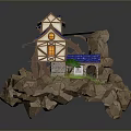 Idyllic Landscape With Small House Windmill Rocky Terrain Water Stream And Green Grass