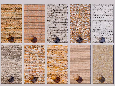 Different Textured Wall Surfaces with Various Materials and Decorative Hooks 3d model