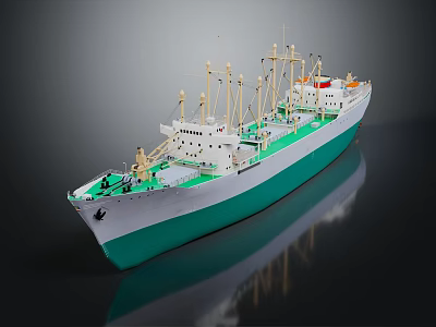 Detailed White and Green Cargo Vessel Model with Masts and Cranes 3d model