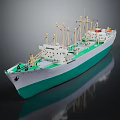 Detailed White and Green Cargo Vessel Model with Masts and Cranes