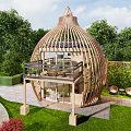 Unique Dome Shaped Wooden House With Glass Railing Balcony On Green Lawn Surrounded by Trees