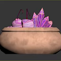 Colorful Decorative Bowls with Green Plant Purple and Pink Floral Elements on Dark Background