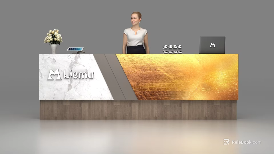 Modern Reception Desk With Marble Surface Gold Decorative Panel Wooden Base Viemu Logo And Receptionist 3d model 