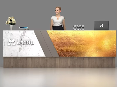 Modern Reception Desk With Marble Surface Gold Decorative Panel Wooden Base Viemu Logo And Receptionist 3d model
