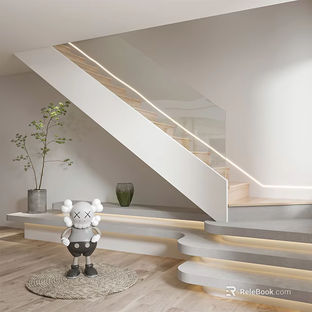 Modern Staircase Design With Wooden Steps LED Strip Lights Light Gray Walls And Potted Plant 3d model 