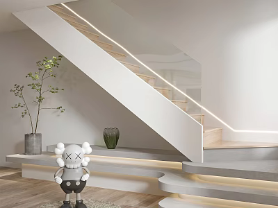 Modern Staircase Design With Wooden Steps LED Strip Lights Light Gray Walls And Potted Plant 3d model