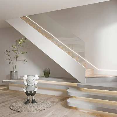 Modern Staircase Design With Wooden Steps LED Strip Lights Light Gray Walls And Potted Plant 3d model