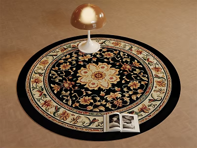 Round Area Rug Floral Pattern Black Base Beige Gold Accents with Mushroom Lamp and Open Book 3d model