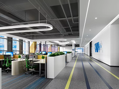 Modern Public Office Space With Open Layout Workstations Green Chairs Green Plants And Large Windows 3d model