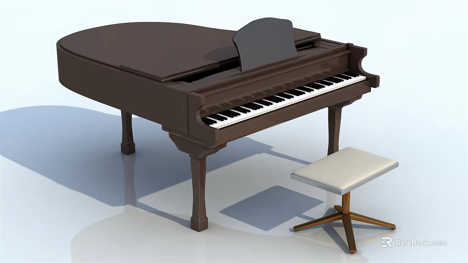 Vintage Brown Musical Instrument Piano With Black White Keys And Wooden Stool 3d model 