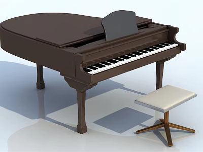 Vintage Brown Musical Instrument Piano With Black White Keys And Wooden Stool 3d model