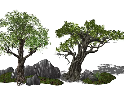 Natural Garden Ornaments With Decorative Trees Rocks And Lush Green Grass 3d model