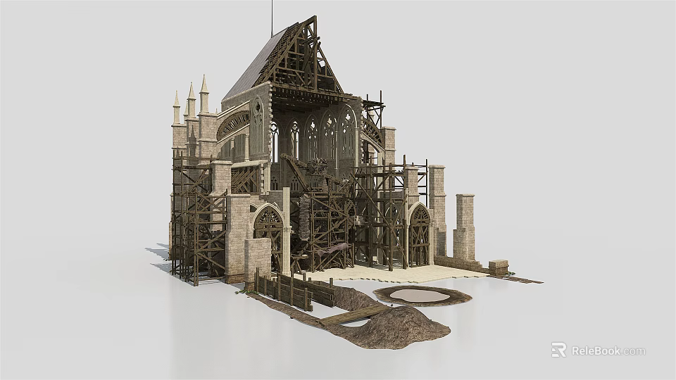 Ancient Gothic Architecture Under Construction with Stone Walls Wooden Frames Arches and Spires 3d model 