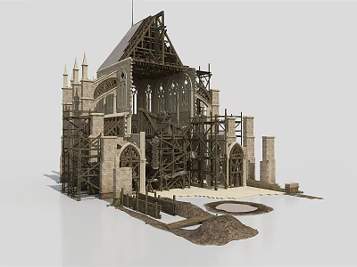 Ancient Gothic Architecture Under Construction with Stone Walls Wooden Frames Arches and Spires 3d model