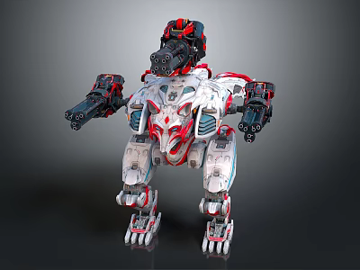 Sci-Fi Quadruped Mechanical Beast With Red White Armor And Weaponized Limbs 3d model