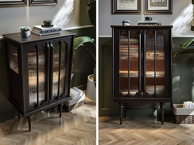 Dark Wood Sideboard with Glass Doors Framed Pictures and Green Plants in Herringbone Floor Interior 3d model
