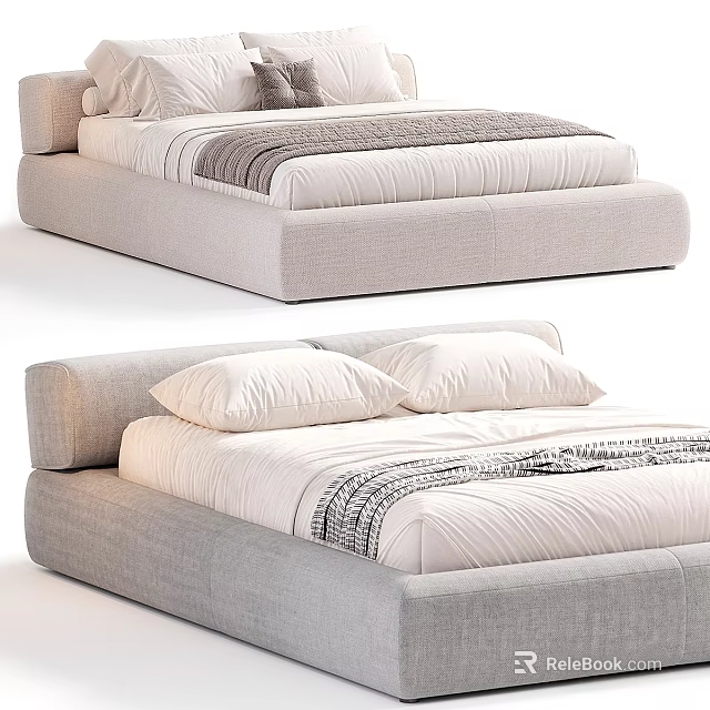 Double Bed With Light Gray Frame White Sheets And Striped Decorative Pillows 3d model 