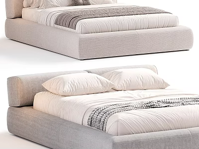 Double Bed With Light Gray Frame White Sheets And Striped Decorative Pillows 3d model