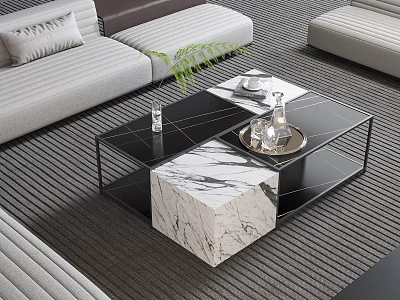 Elegant Modern Coffee Table With Marble Top Black Metal Frame And Sofa On Rug 3d model