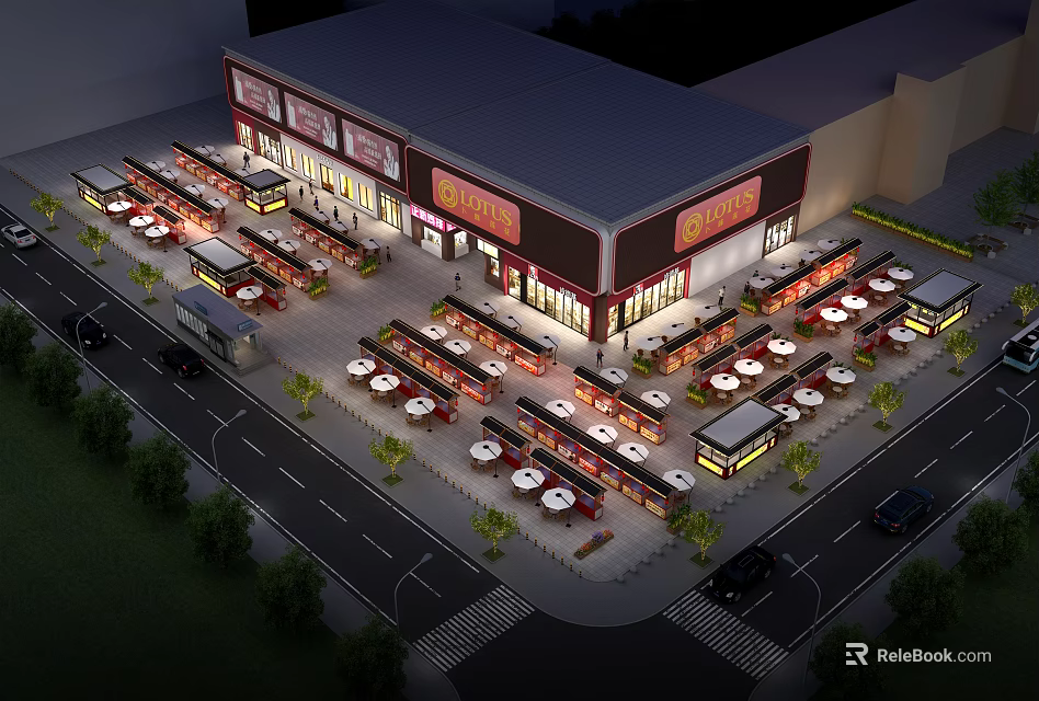 Vibrant Commercial Street With Illuminated Shops Outdoor Dining Areas And Surrounding Roads 3d model 