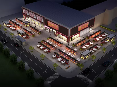 Vibrant Commercial Street With Illuminated Shops Outdoor Dining Areas And Surrounding Roads 3d model