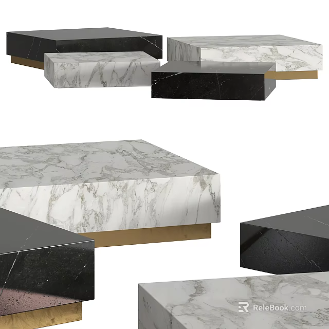 Modern Black and White Marble Top Coffee Table with Gold Base and Sleek Design 3d model 