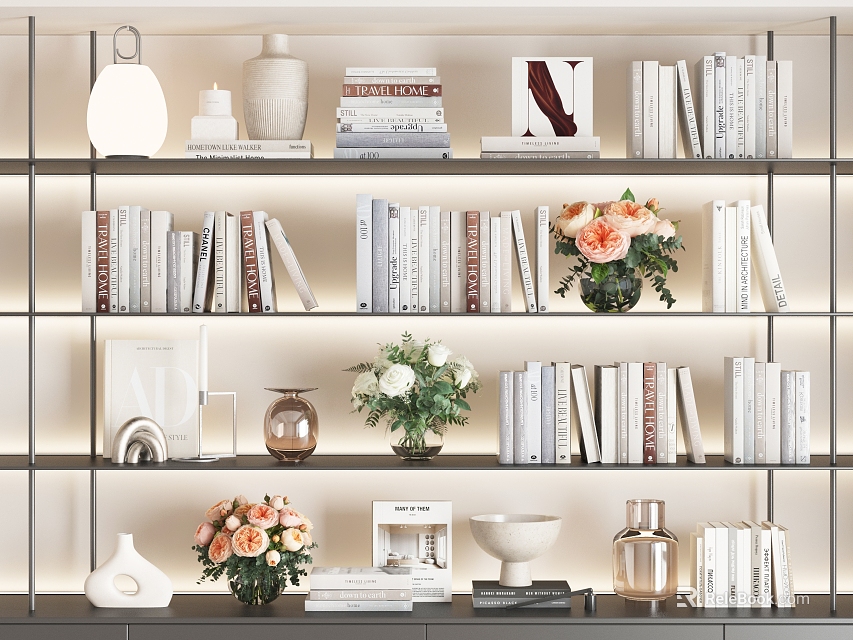 Modern Elegant Decorative Ornaments Set on Shelves with Books Vases and Flower Bouquets 3d model 