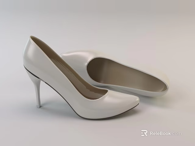 Elegant White Leather High Heel Shoes With Stiletto Heel And Round Toe 3d model 