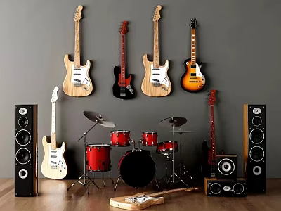 Home Music Studio Setup With Wall Mounted Electric Guitars Red Drum Set And Speakers 3d model