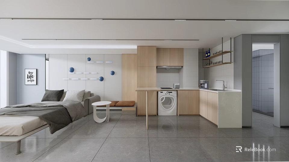 Modern Minimalist Pantry Interior With Light Wood Cabinets And White Countertop 3d model 