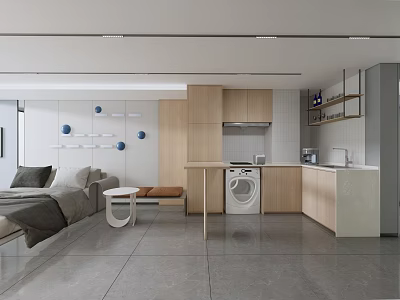 Modern Minimalist Pantry Interior With Light Wood Cabinets And White Countertop 3d model