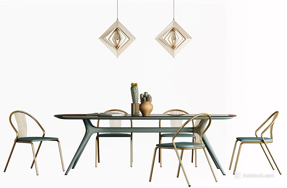 Modern Dining Table Set With Chairs Diamond Shaped Pendant Lights And Tabletop Decorations 3d model