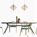 Modern Dining Table Set With Chairs Diamond Shaped Pendant Lights And Tabletop Decorations 3d model