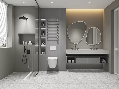 Modern Gray Bathroom Interior With Shower Toilet And Vanities 3d model