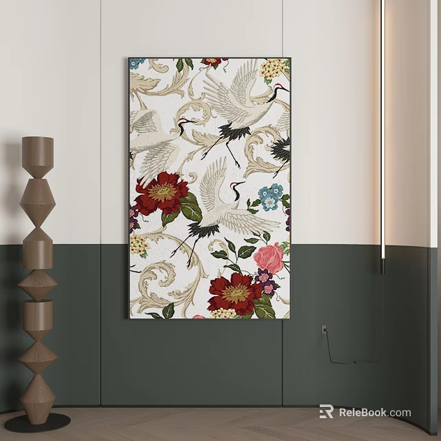 Abstract Painting With Cranes Red Pink Blue Flowers On White Background Wall Art 3d model 