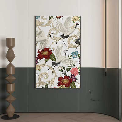 Abstract Painting With Cranes Red Pink Blue Flowers On White Background Wall Art 3d model