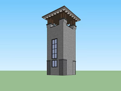 Gray Brick Tower With Windows And Wooden Roof Against Blue Sky Green Grass 3d model
