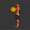 Golden Horned Red Skinned Mythical Character Creature Standing With Flowing Sashes Holding Golden Hammer