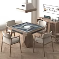 Modern Mahjong Room Interior With Wooden Table Chairs Pendant Light Cabinet And Calligraphy Art