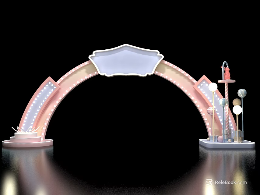 Pink And White Festive Arched Decoration With Top Signboard And Side Lights 3d model 