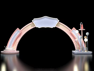 Pink And White Festive Arched Decoration With Top Signboard And Side Lights 3d model