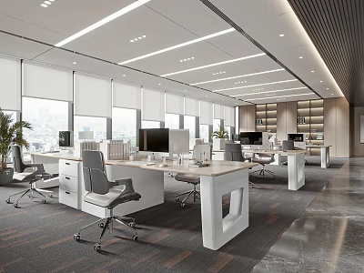 Modern Public Office Space With Ergonomic Chairs Workstations Large Windows And Bookshelves 3d model
