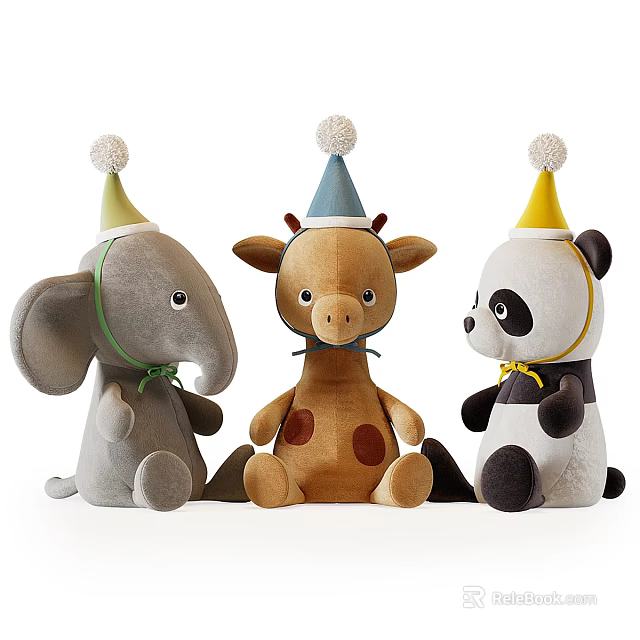 Plush Stuffed Animal Toys Elephant Giraffe Panda with Party Hats and Pom Poms 3d model 