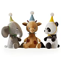 Plush Stuffed Animal Toys Elephant Giraffe Panda with Party Hats and Pom Poms